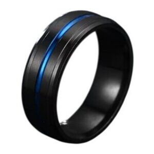 Tungsten Steel matte black polished double beveled blue channel wedding ring